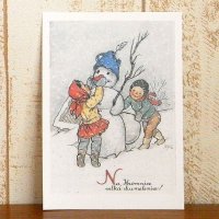 チェコ　雪の日のポストカード（雪だるま）